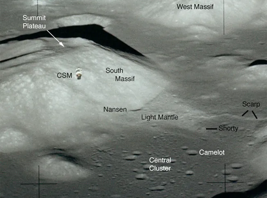 The Light Mantle region on the Moon, below the South Massif mountain.